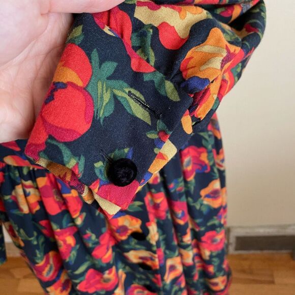 Vintage S.G.Gilbert Size 12 Dark Floral Dress Orange Long Sleeve Velvet Buttons - Picture 6 of 10
